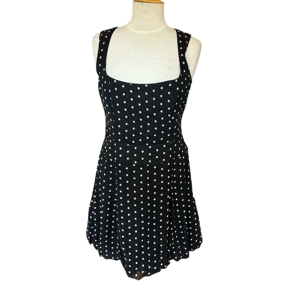 INC International Concepts 100% Silk Polka Dot Bubble Hem Dress Black White 8P